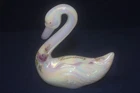 Fenton Hand Painted Anniversary Swan, Iridescent, Signed, Purple Flowers