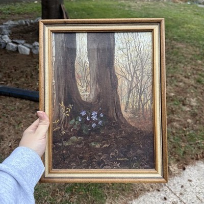 Vintage J Alcott Acrylic Canvas Painting Moody Landscape Woods 10.25 x13.25 