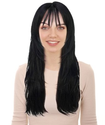 Schlanke schwarze Perücke mit mehrlagigem Schnitt & zartem Pony Promi inspiriert Langhaar Look