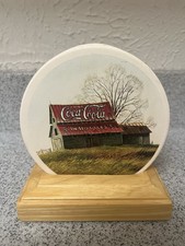 Vintage Coca Cola Barn Scene Stone Coaster Set w Wooden Holder