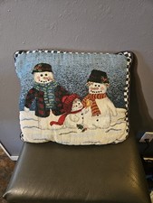 Vintage Christmas Throw Pillow Snowman Family 17 X 17 Home Decor Made in USA Vtg