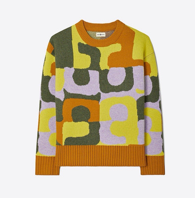 Tory Burch Sport Multicolor Wool Colorblock Abstract T Sweater Size L in Citrea