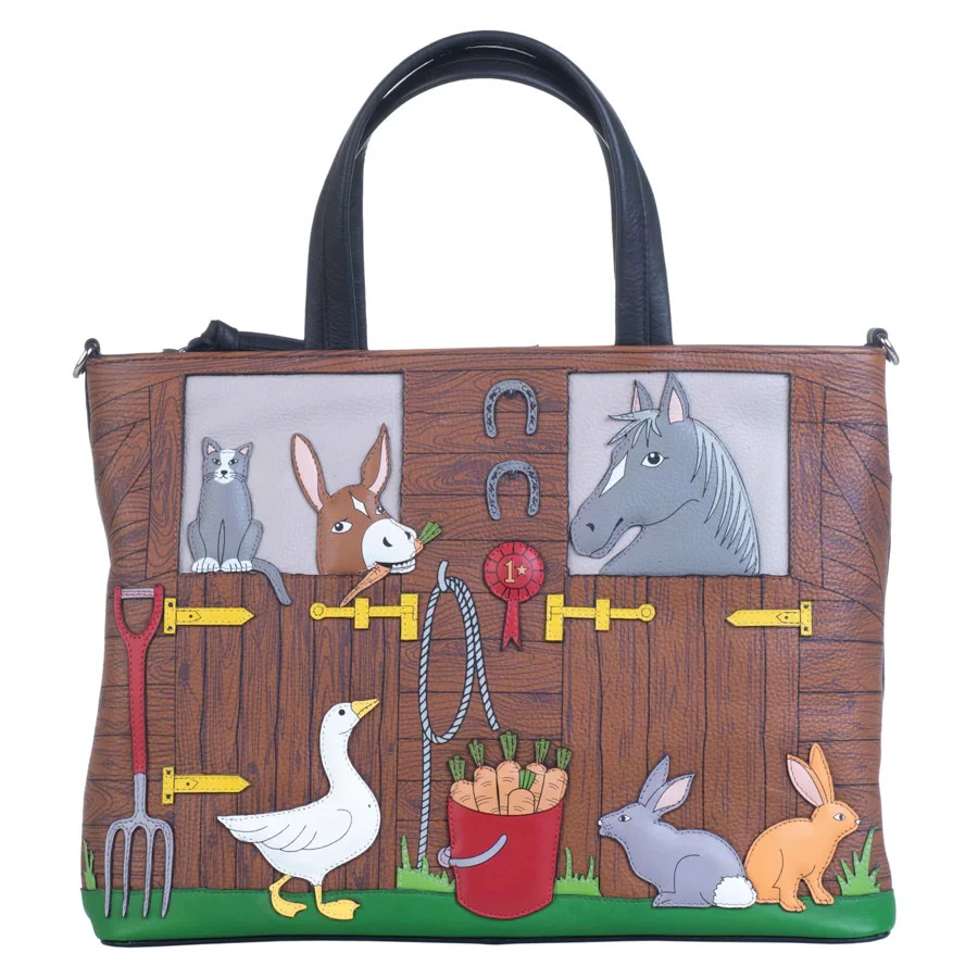 Mala Leather Mala's Farm Black Barn Animal Large Grab Shoulder Handbag Dust Bag