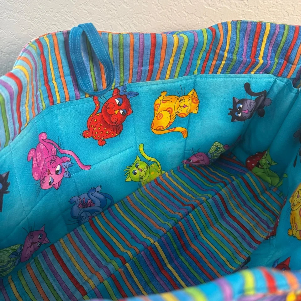 Blue Print Cat Mini Tote Bag Purse Vibrant Colorful Handles Kittens - Image 2 of 4