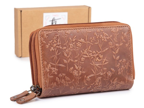 Ekavale Damen GeldböRse Portemonnaie Echt Leder Groß Blumenmuster Cognac-image