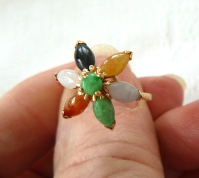 Artisan 14K Gold Ring mehrfarbig Jade Blumenmuster 2,6gr Größe 7 