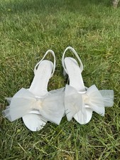 Ivy City Co White Tulle Bow Bridal Block Heel Slingback Wedding Shoes Size 9