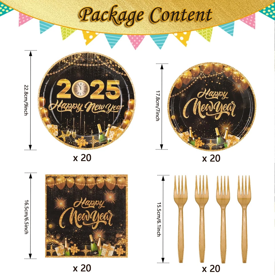 Juego de 80 platos y servilletas de Año Nuevo 2026 - Sirve a 20 invitados dorado y negro H... Foto 2 de 4