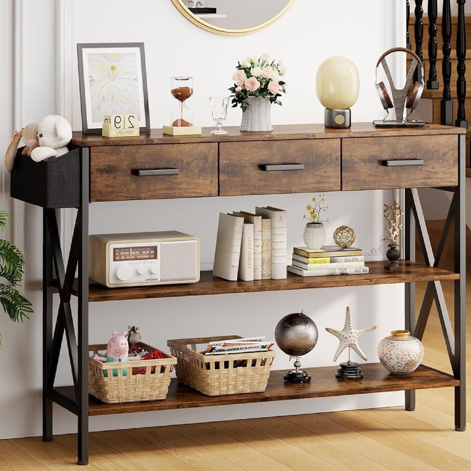 Rustic Brown 47-Inch Narrow Entryway Sofa Table with Storage Shelves