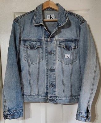 Vtg 90 Y2K Calvin Klein Denim Jean Trucker Jacket Allover Sandblast Size Small 