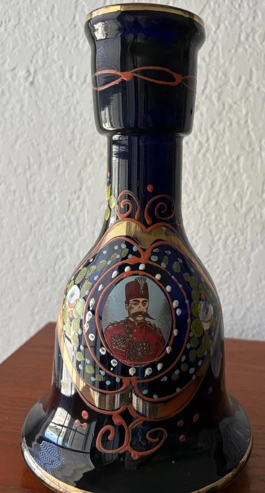 "Jarrón decorativo/base de cachimba de vidrio dorado azul cobalto persa bohemio 10""" Foto 2 de 4