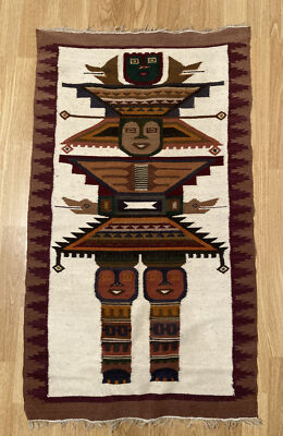 Vintage Ecuadorianische Volkskunst Wollteppich Flachgewebe Bilderteppich / Wandbehang