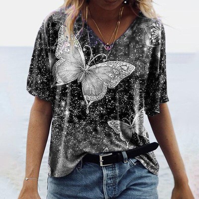 Plus Size Womens Butterfly Print V-neck Tops Short Sleeve T-shirt Ladies Blouse