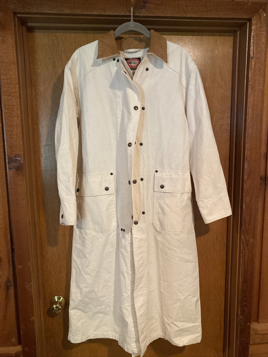 Australian Outback Collection Duster Coat XS White Duck Cloth Leather VTG RARE