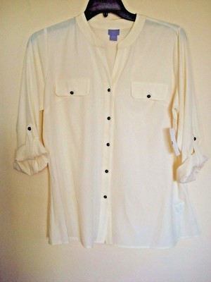 Ladies  Dressy Blouse Ivory Button Front  Size 1X Laura Scott