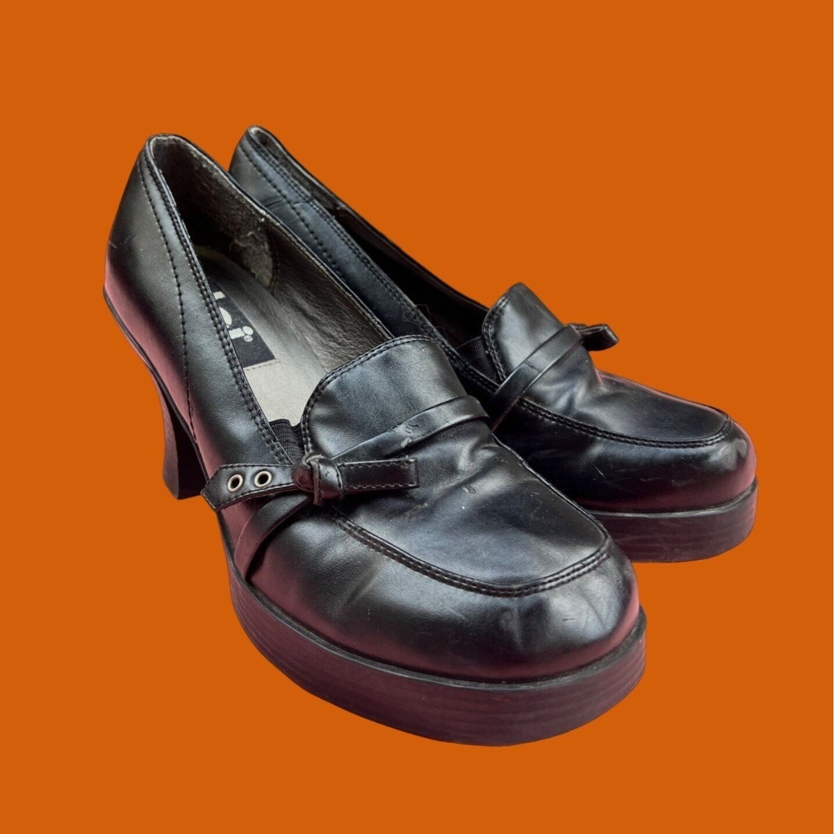 Vintage Y2K LEI Chunky Black Faux Leather Loafer Heels Small