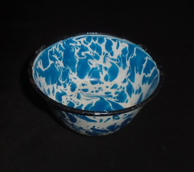 VINTAGE GRANITE WARE 5'' BOWL BLUE & WHITE SWIRL GRANITEWARE ENAMELWARE