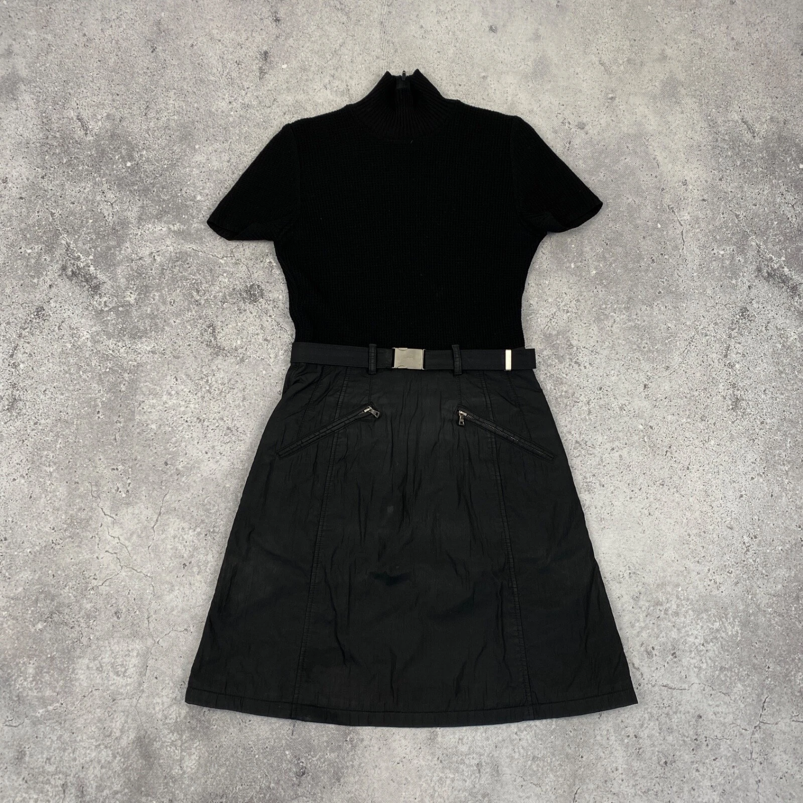 PRADA 90’s Rare Minimal Black Metal Buckle Belted Nylon A line Skirt Dress M