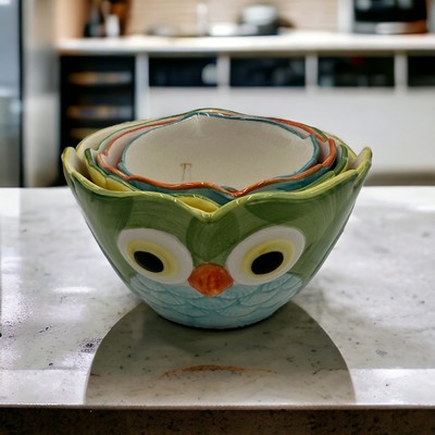 Pier One 1 Imports 4-Pc Owl Nesting Measuring Cup Bowl Set Handpainted Gift