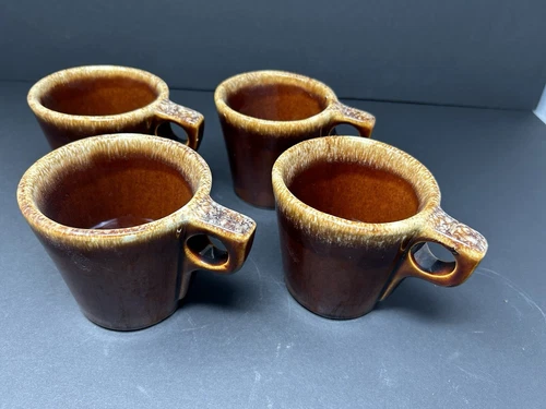 Set of 4 Vintage Hull Brown Drip Glaze Pottery Coffee Mug USA