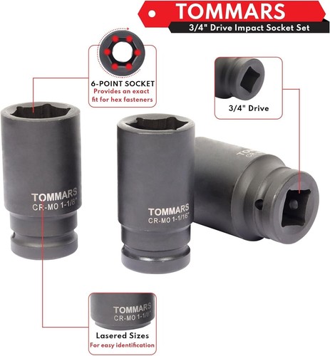 3/4 Inch Drive Impact Socket Set, 8-Pc SAE 1" to 1-1/2" Deep Jumbo Impact Soc... - Picture 3 of 5