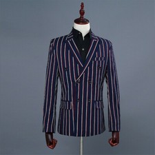 Men 2 Piece Stripe Suit Double Breasted Peak Lapel Jacket Tuxedo Tailored Casual