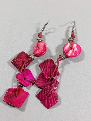 Artisan Silver Tone Pink Acrylic Shell Square Chip Tassel Dangle Hook Earrings - Picture 2 of 8