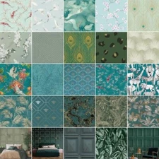 Teal Green Duck Egg Wallpaper - Geometric Floral Animals Metallic & More