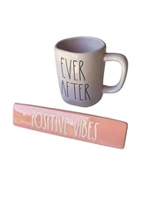 Lot Of 2 Rae Dunn “Ever After” Coffee Mug & “Positive Vibes” Desk Plaque/Sign