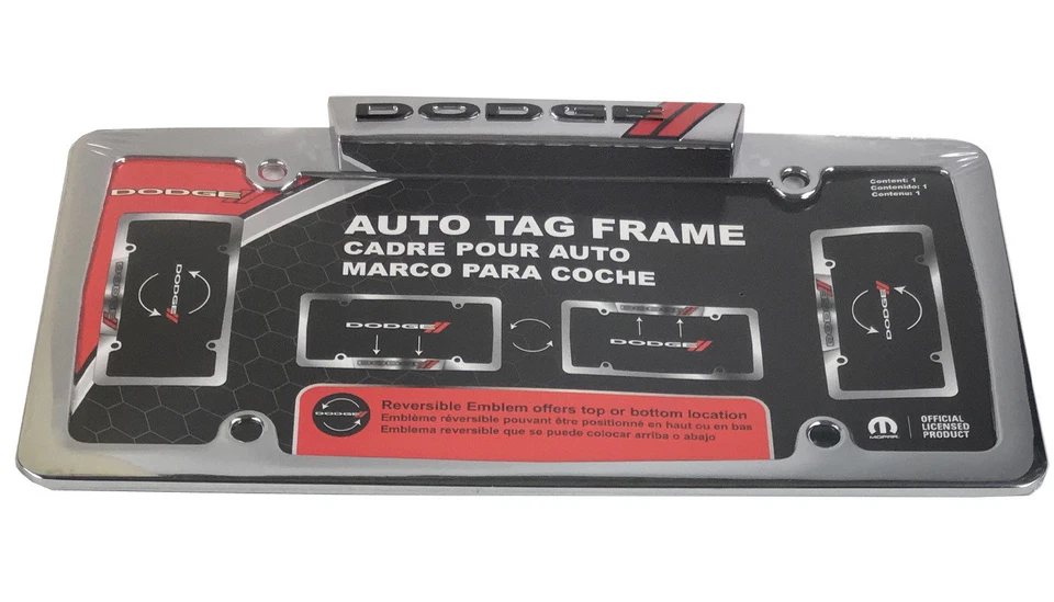 New DODGE Elite Car Truck Chrome Metal Reversible Emblem License Plate Frame - Imagem 2 de 3