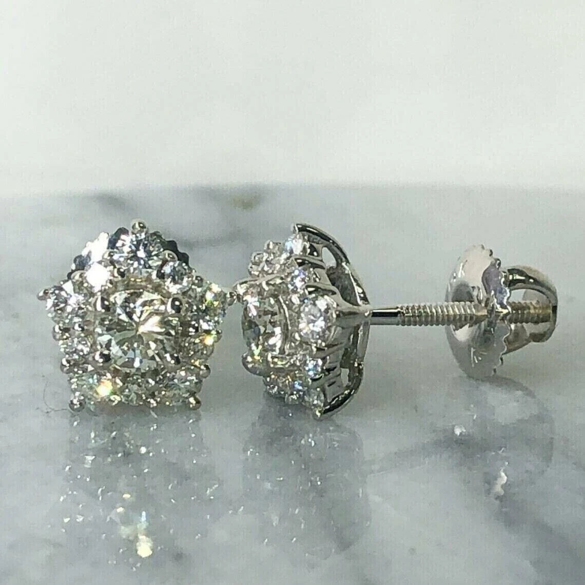 2Ct Lab Created Diamond Halo Cluster Stud Earrings 14K White Gold Plated