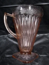 Pink  Depression Glass  Water Pitcher - Floral Design - Square - Ribbed Pattern
