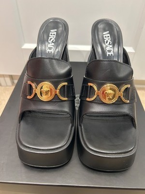 Versace Women's Medusa '95 Leather Mules Platform Heels Black Size 39.5 / US 9.5