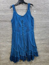 Rebellion Boho Sundress Womens Size XL Blue Embroidered Handkerchief Hem Rayon