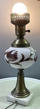 Vintage White Milk Glass&brass Desk Lamp-Hand Painted Floral Marble Base 17”