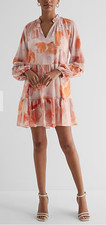 NWT Express Floral Clorful Ruffle Neck Tiered Mini Shift Dress Size S