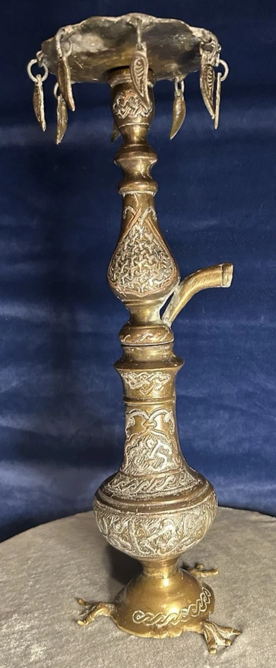 ANTIQUE ISLAMIC ARABIC HOOKAH BASE SILVER COPPER BRASS WITH STERLING CALLIGRAPHY - Image 4 of 4