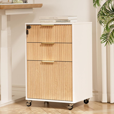 Fluted Mobile File Cabinet with Lock - 3 Drawers, Oak, Rolling Storage Solution