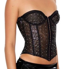 Sheer Bustier Corset Top L Lace Up Rhinestone Shimmery Lingerie Boned Push Up