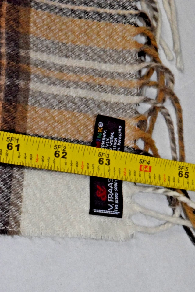 Vintage Acrylic Scarf V Fraas 80s Butterscotch Cream Plaid Made Germany 64X13In - Image 4 of 4