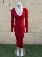 Red Knit Bodycon Dress Midi V-Neck Long Sleeve Pullover Solid Women