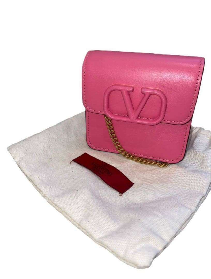 VALENTINO Women V-Sling Compact Chain Wallet bag Leather Pink Gold Chain