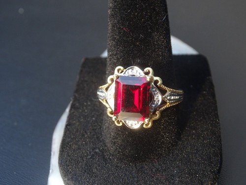 Vintage 10K Gelb & Weißgold Granat mit Diamant Akzent Cocktail Ring 3,61 g