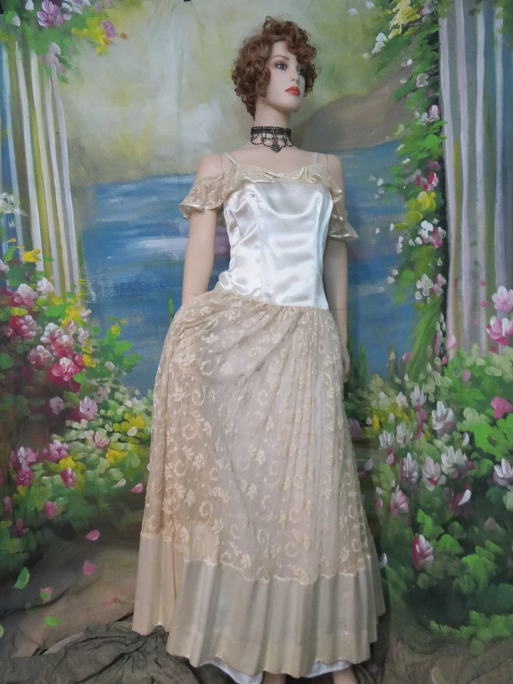 Старинное платье c1930 вышитая сетка кружева тапочки атласный падение талии ар-деко - Изображение 2 из 4