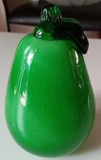 Murano Style Hand Blown Glass Green Pear w/ Leaf and Stem 4.75" Tall