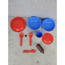 9 Vintage Kids Toy Plastic Dishes Set Blue Red Plates Bowls Spoons Fork Cup