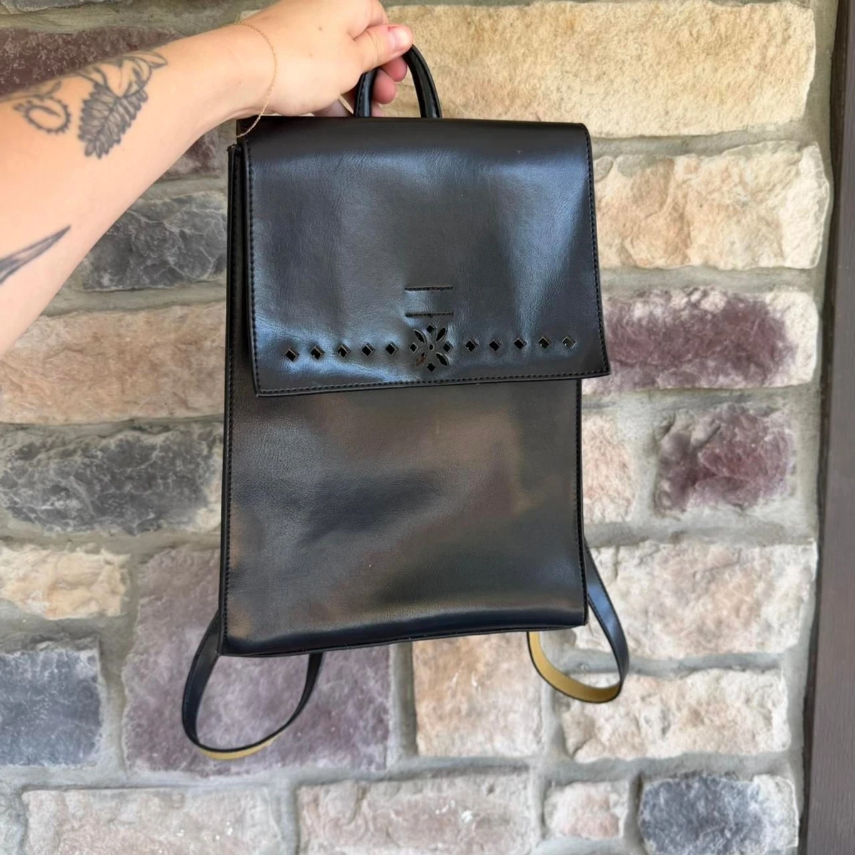 VTG 90s Mondani New York Black Laser Cut Floral Backpack Mondani New York Black Leather Tote Bag laser cut... | Depop main image 4
