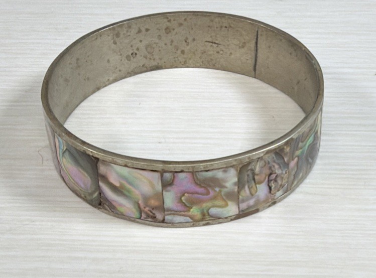 Vintage Mexico Silver Abalone Bangle Bracelet  3/4”Width BOHO 2 1/2”