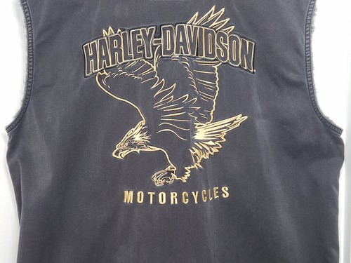 Harley-Davidson Men L Black Embroidered Eagle Sleeveless Shirt Vest Denim Frayed - Picture 11 of 12