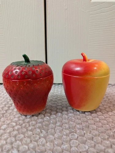 Set Vintage Hazel Atlas Milk Glass Strawberry & Apple Jelly Jars Retro Kitchen